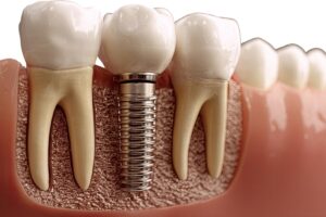 İmplant çevresindeki diş eti dokularının değerlendirildiği periodontal muayene ve implant kontrolünü gösteren görsel.