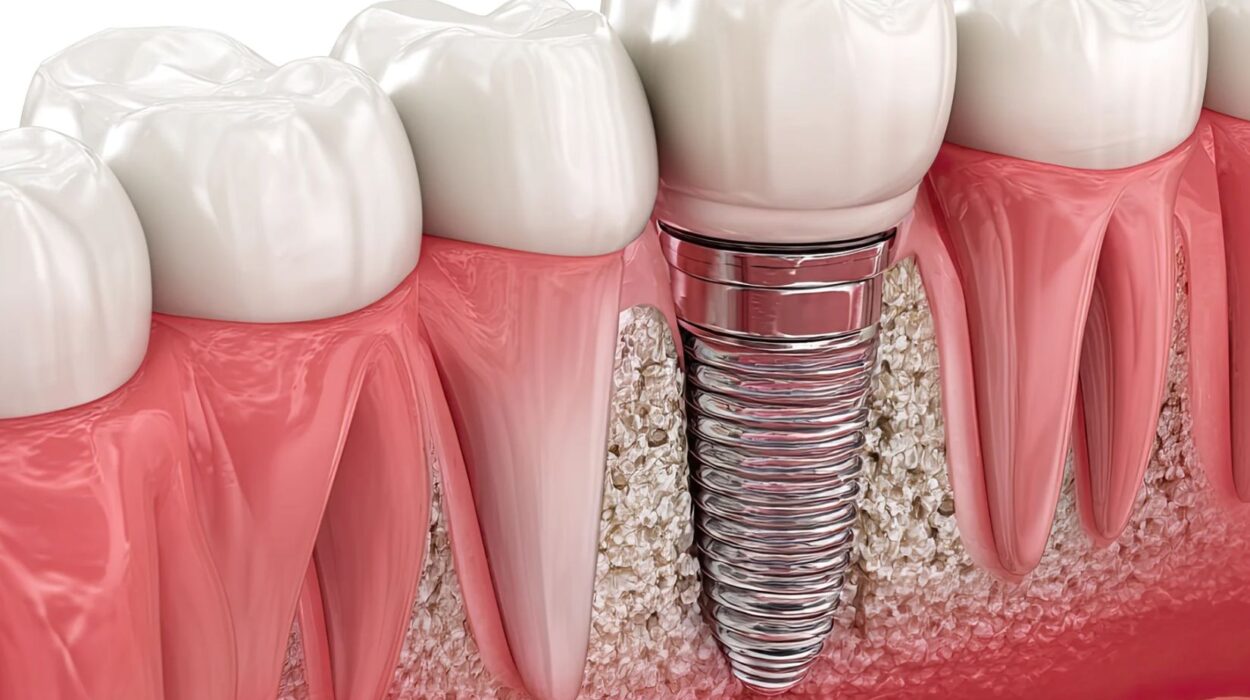 Eksik diş bölgesinde çene kemiği, dental implant ve implant üstü protezin anatomik yerleşimini gösteren diş hekimliği görseli.